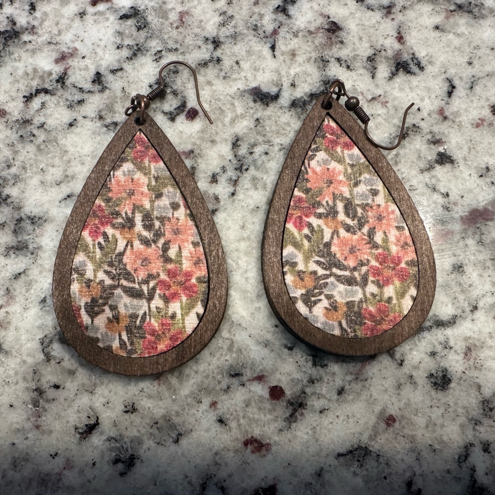 Boho Floral Teardrop Earrings | Wood & Vintage Floral Lightweight Dangles